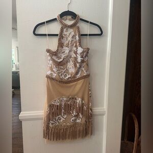 Xs Banjul Sexy Beaded Halter Dress with Fringe